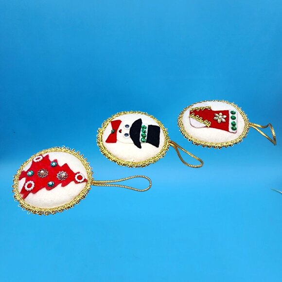 Vintage Felt Christmas Ornaments Set • Snowman w/ Googly Eyes • Beaded Tree • Se - Picture 10 of 11